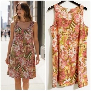 J. Jill Love Linen Floral Sleeveless Dress S Pink Orange Tropical Shift Pockets